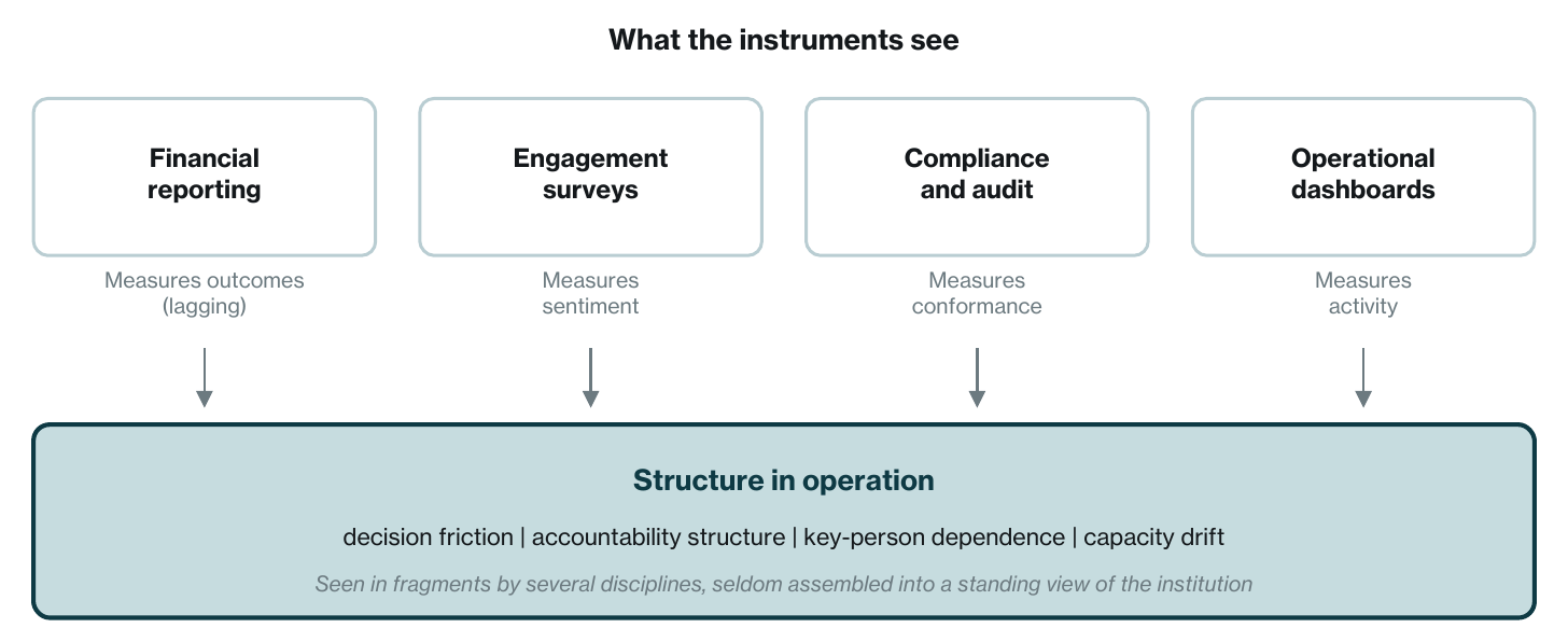 Financial reporting, engagement surveys, compliance and audit, and operational dashboards each see fragments of structure in operation, but those fragments are seldom assembled into a standing institutional view.